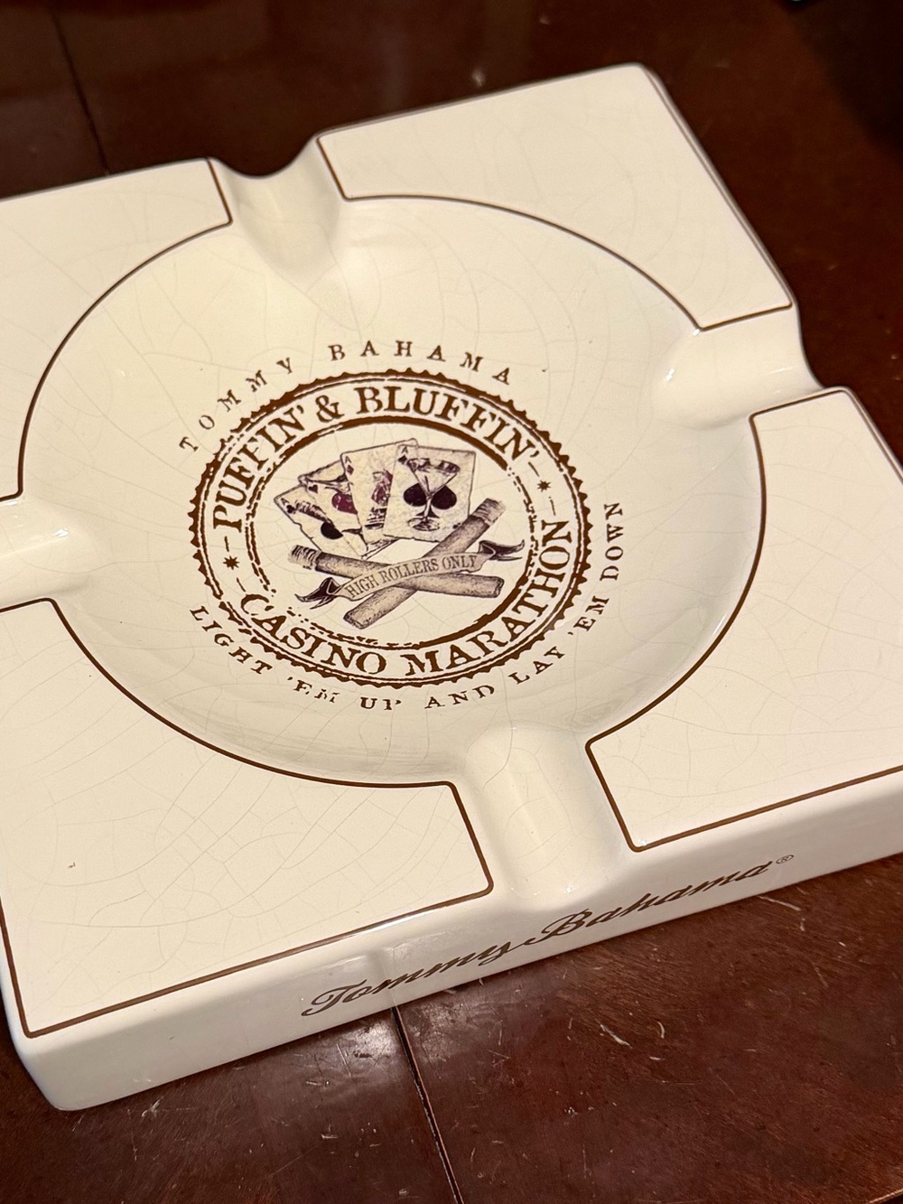Rare Vintage Tommy Bahama Cream Ceramic Casino Cigar Ashtray with Brown Graphic